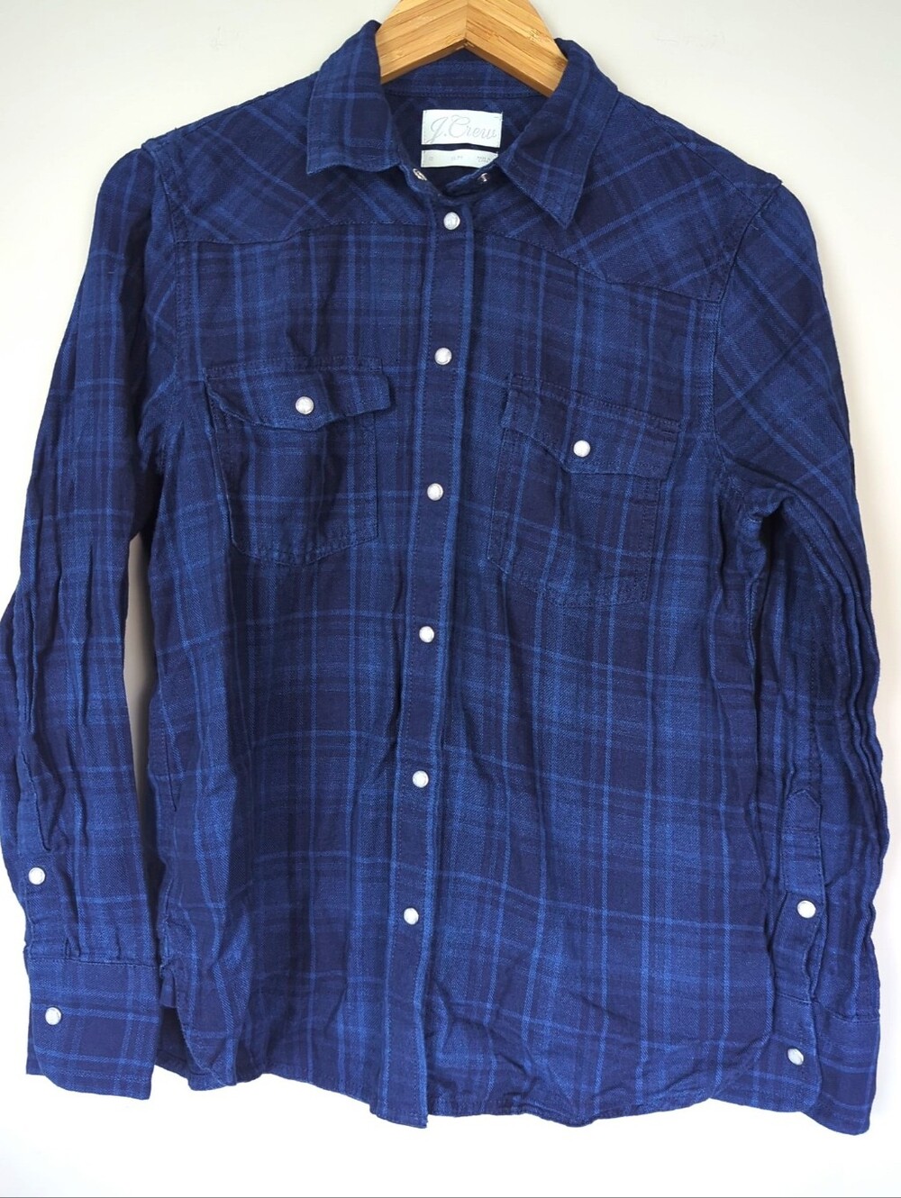 J. Crew Indigo Blue Plaid Slim Fit Western Shirt Button Up 10 Country Cowgirl